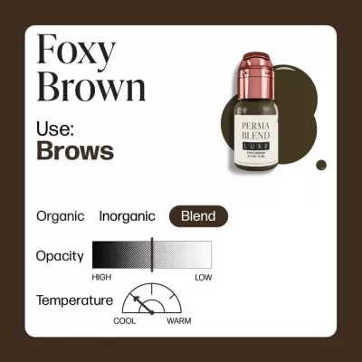 Embalagem cosmética para sobrancelhas Foxy Brown Perma Blend Luxe com informações de uso e características