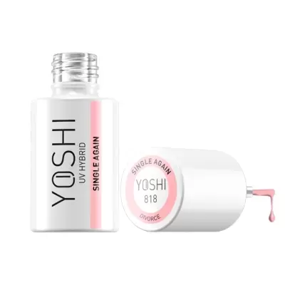 Frascos de verniz UV híbrido YOSHI rosa claro com tampa aberta e gota de produto
