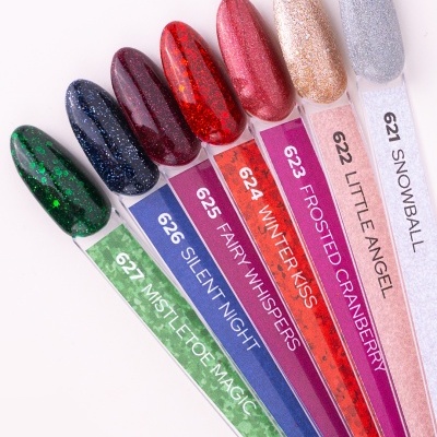 Set de amostras de vernizes de unhas coloridas com brilho e glitter, identificadas por números e nomes.