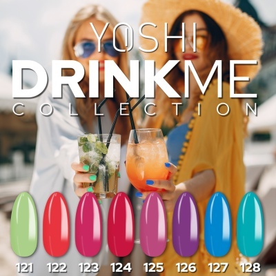 Coleção YOSHI DRINK ME com oito vernizes numerados 121-128 em diferentes cores e duas mulheres ao fundo.