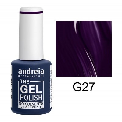 Esmalte gel Andreia Professional azul e branco e amostra de cor roxa escura
