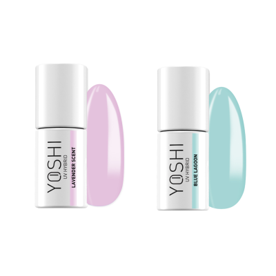 Dois frascos de verniz para unhas YOSHI com amostras de cor lavanda e azul