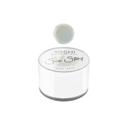 Frasco de gel YOSHI Builder Gel Sea Story cor Pearl Grey com uma amostra do gel cinza pérola