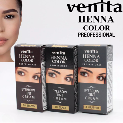 Caixas de tinta para sobrancelhas Venita Henna Color em três cores diferentes.