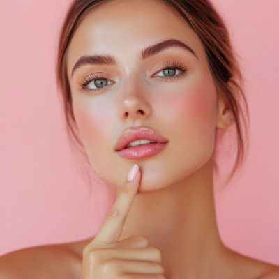 Rosto de mulher jovem com maquilhagem natural sobre fundo rosa claro