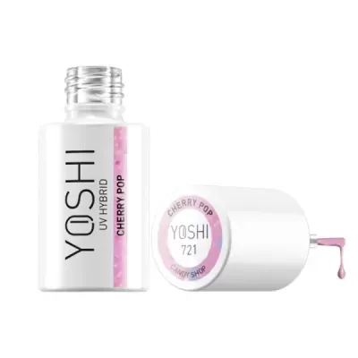 Frasco de verniz YOSHI UV HYBRID CHERRY POP com tampa branca e verniz rosa claro