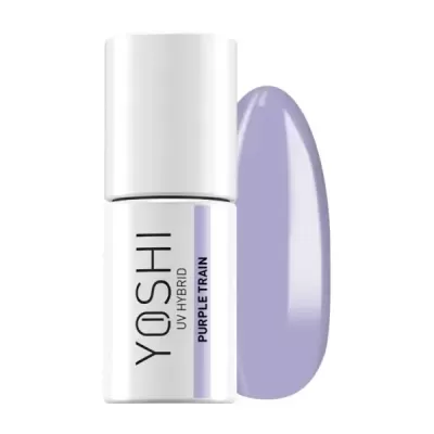 Frasco de verniz de unhas YOSHI UV HYBRID Purple Train com amostra de cor lilás