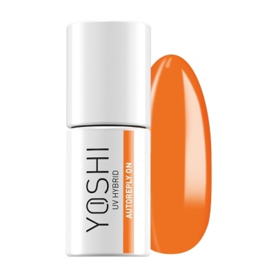 Verniz UV híbrido YOSHI cor laranja com embalagem branca e amostra da cor
