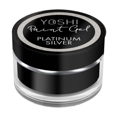 Pote de gel preto com tampa preta e etiqueta escrita YOSHI Paint Gel PLATINUM SILVER.