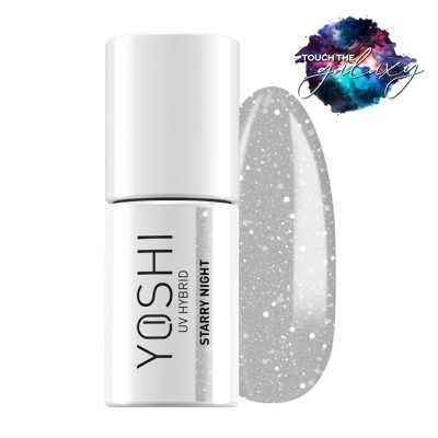 Frasco de verniz de unhas YOSHI UV Hybrid Starry Night com amostra cinzenta brilhante