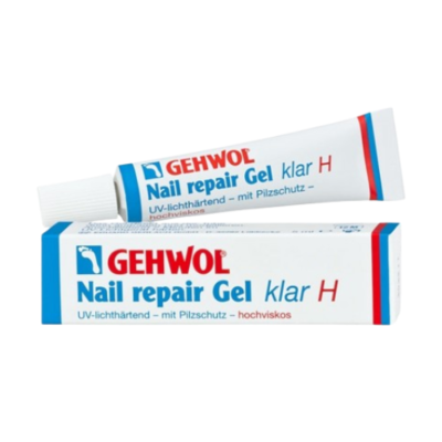 Gel para reparação de unhas GEHWOL com embalagem branca e texto azul e vermelho