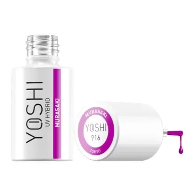 Frasco branco de verniz UV híbrido YOSHI MURASAKI com tampa branca deitada e gota de verniz roxo