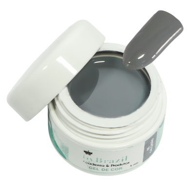 Frasco aberto de gel de cor cinza para unhas com tampa branca.