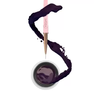 Gel roxo escuro para unhas com pincel aplicador rosa e dourado sobre fundo branco