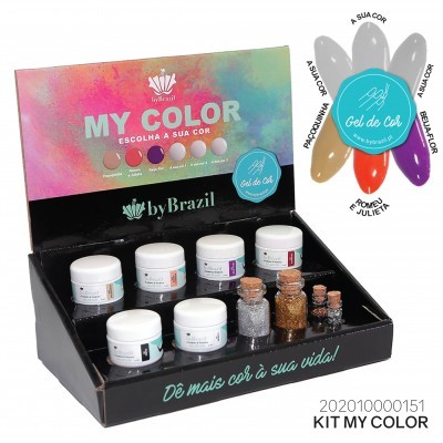 Expositor com kit de gel de cor para unhas byBrazil com 6 potes brancos e 4 frascos de glitter