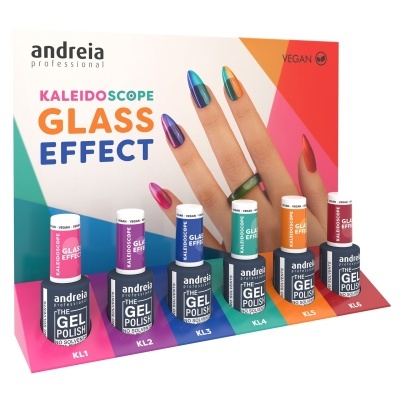 Conjunto de vernizes em gel coloridos com embalagem e cartaz da marca andreia professional.