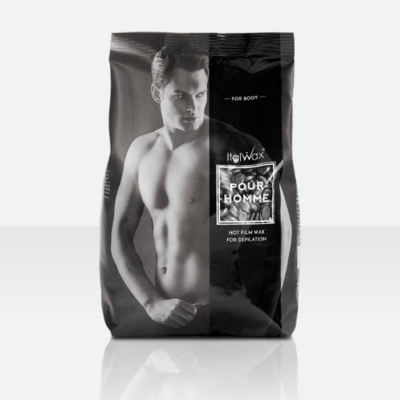 Embalagem preta e cinza de cera quente ItalWax com texto e imagem de homem musculoso