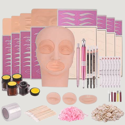 Kit completo para treino de micropigmentação com cabeça de silicone, stencil, pigmentos, lápis e acessórios organizados