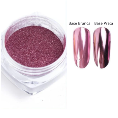Pó para unhas cor vinho metalizado em frasco e amostras em base branca e preta