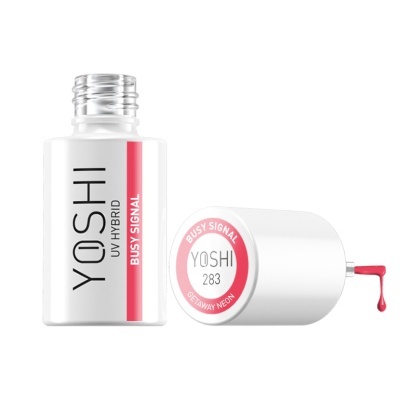 Frasco de verniz UV híbrido branco com etiqueta rosa e tampa com verniz rosa dripping