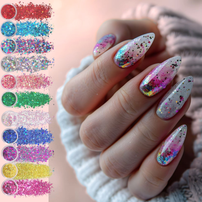 Unhas longas com verniz branco e glitter multicolorido