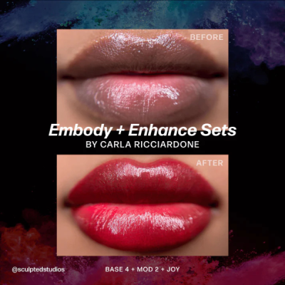 Comparação de lábios antes e depois com texto promocional de produto de maquiagem.