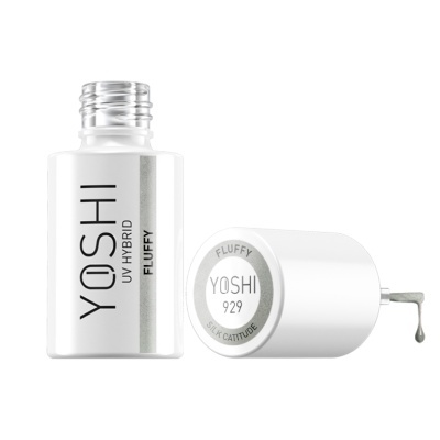 Frasco branco de verniz para unhas YOSHI UV HYBRID FLUFFY com tampa ao lado