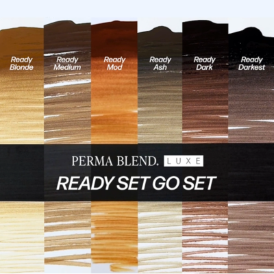 Seis amostras de cores de cabelo lisas e brilhantes com texto indicando diferentes tons de loiro até preto.