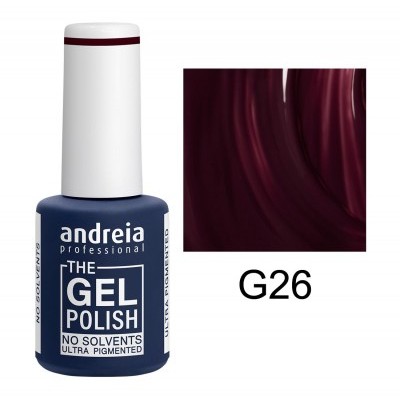 Frasco de esmalte de gel azul escuro com tampa branca e rótulo com texto Andreia Professional The Gel Polish G26