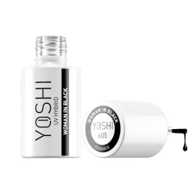 Frasco de verniz de unhas YOSHI UV HYBRID Woman in Black aberto com tampa e líquido preto visível
