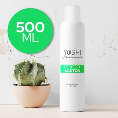 Frasco branco de 500 ml do produto YOSHI Profesional PERFECT ACETON junto a um cacto num vaso bege