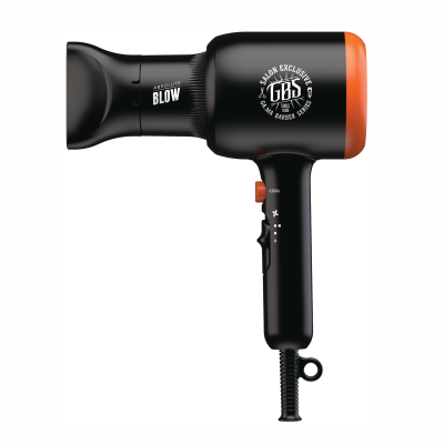 Secador de cabelo preto com detalhes em laranja e texto branco