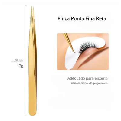 Pinça fina reta dourada para extensão de pestanas com texto descritivo.