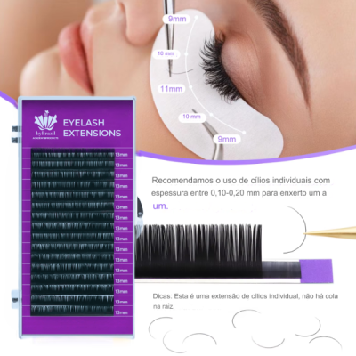 Estojo roxo de extensões de cílios com várias fileiras e olho com marcações de comprimento dos cílios