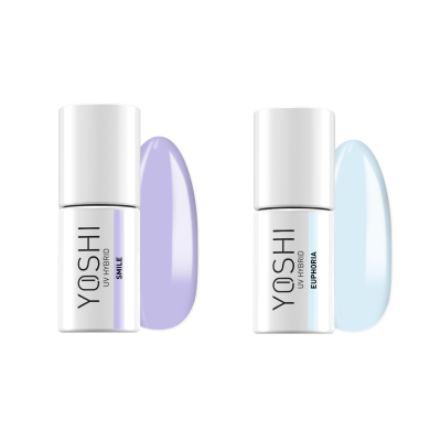 Duas cores de verniz YOSHI UV HYBRID em frascos brancos com amostras lilás e azul claro