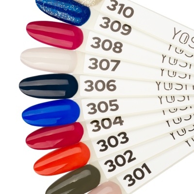 Amostras de verniz de unhas numeradas de 301 a 310 com várias cores incluindo bege, verde, vermelho, azul, preto, branco e glitter dourado