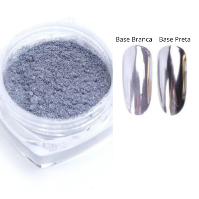Pó cinzento prateado para unhas em frasco transparente e amostras de unhas com base branca e preta