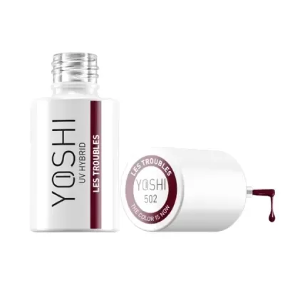Frasco de verniz de unhas YOSHI UV HYBRID LES TROUBLES branco com tampa branca e verniz vermelho-escuro