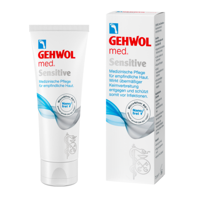 Tubo e caixa do creme GEHWOL med. Sensitive para pele sensível em fundo branco