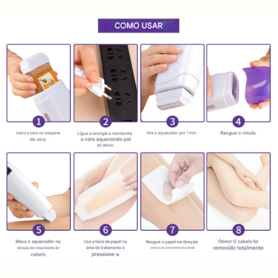 Passos para usar máquina de depilação a quente com imagens e texto em português.