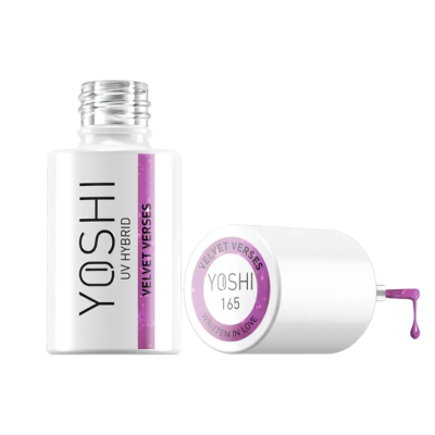 Frasco de verniz UV híbrido YOSHI roxo com tampa e gota de verniz