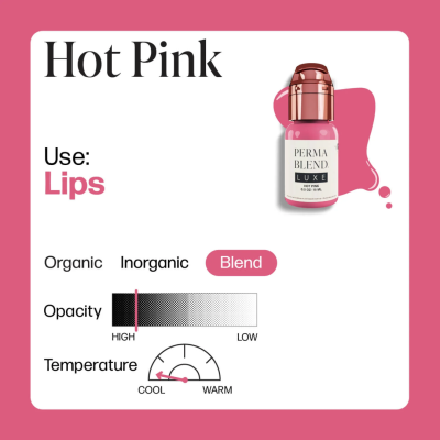 Embalagem de produto para lábios Perma Blend Luxe Hot Pink com gráfico de opacidade e temperatura