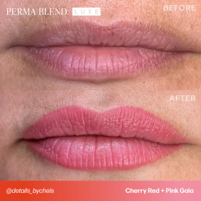 Antes e depois de lábios com corantes Cherry Red + Pink Gala
