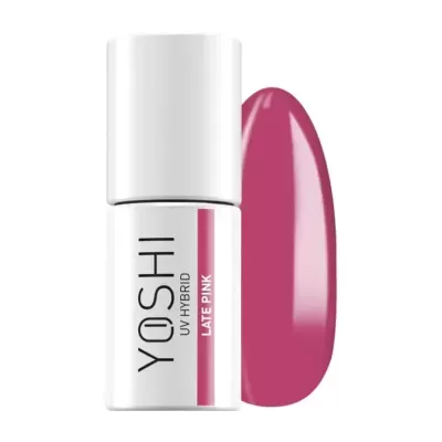Verniz para unhas YOSHI UV HYBRID cor LATE PINK em frasco branco com amostra da cor rosa-púrpura