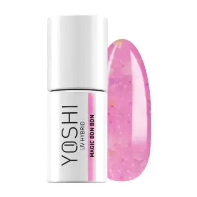 Verniz UV Hybrid YOSHI Magic Bon Bon cor rosa com partículas brilhantes