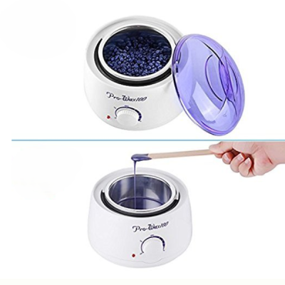 Depiladora elétrica branca com tampa roxa e cera quente roxa