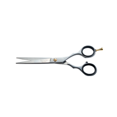 Tesoura prateada com punhos pretos e detalhe dourado