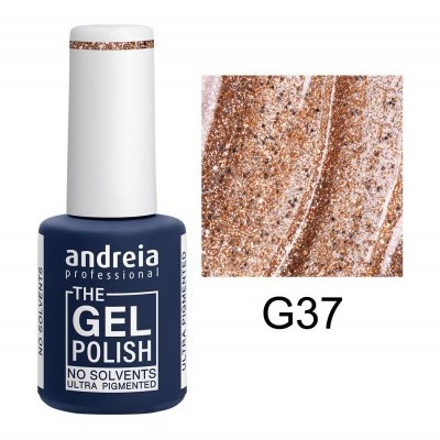 Frasco de verniz gel azul com tampa branca e amostra de cor castanho metálico brilhante