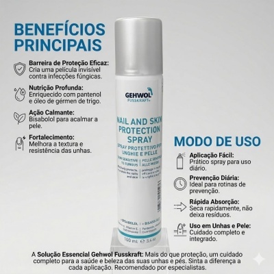 Frasco de spray GEHWOL FUSSKRAFT com texto explicativo de benefícios e modo de uso em português ao lado