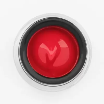 Botão circular vermelho com borda preta e estrutura metálica prateada